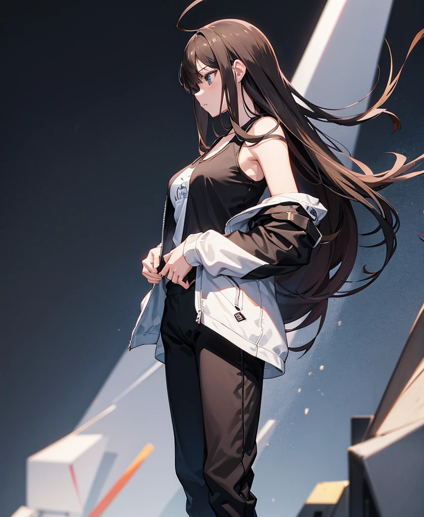 Anime Girls, profile, Tank top,Jacket,Black Track Pants,Brunette, Long hair, Are standing, whole body, Black background