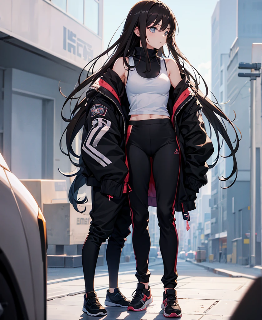 Anime Girls, profile, Tank top,Jacket,Black Track Pants,Brunette, Long hair, Are standing, whole body, Black background