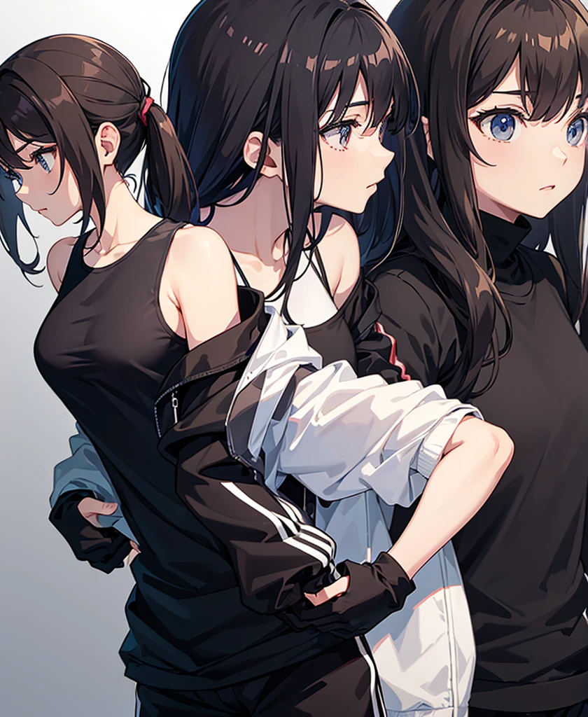 Anime Girls, profile, Tank top,Jacket,Black Track Pants,Brunette, Long hair, Are standing, whole body, Black background