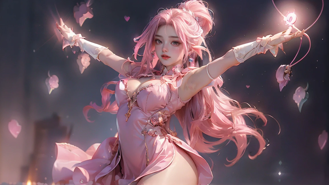 masterpiece、detailed、16K、shiny skin、1girl、(magical girl flying in the night sky)、(Holding a magic wand:1.3)、Are standing、big breasts、(cleavage)、BIG ASS、(thigh focus)、pink long blonde、ponytail、brown eyes、(Highly detailed eyes and face)、Accurately drawn face、(intricate pink and white dress)、Layer Dresses、super mini skirt、(I can see your butt)、white leather knee high boots、vivid contrasting colors、intricately designed details、(best ratio 1 thumb、Refers to 4 books:1.3)、(heart shaped pink effect:1.5)、(dynamic pose)、(Ghost Smile)、(open your arms:1.5)、(Sparks dance in the night sky:1.3)、nsfw