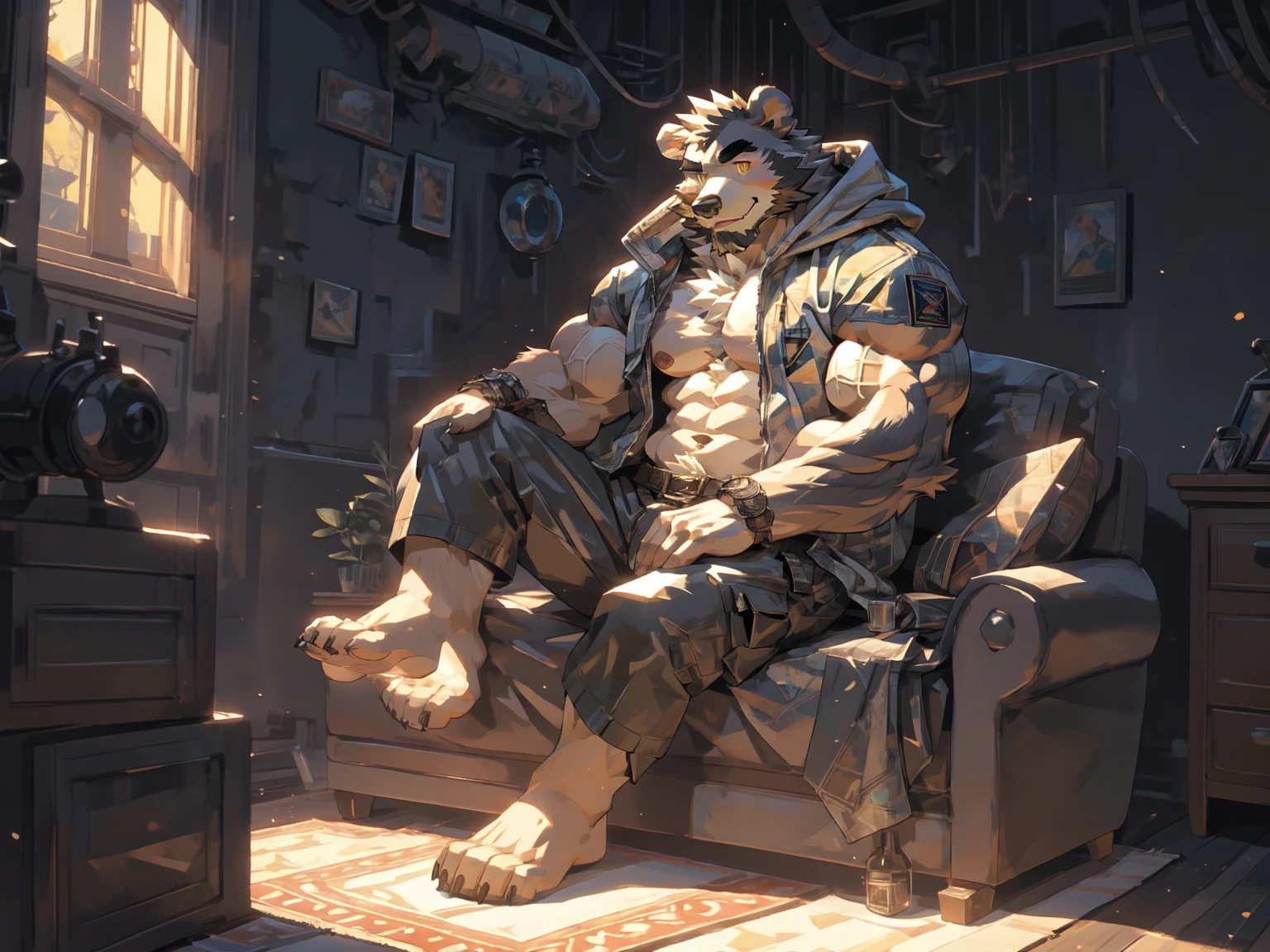(masterpiece:1.2), best quality,pixiv,official art,perfect anatomy, (Ray tracing, light),solo, (1_male:1.3) , (muscle), (grey fur:1.4), (muscle bear), (beard:1.2), (gleaming golden eyes), bear tail, Thick black eyebrows, (open hooded parka) , (naked inside:1.2), cargo shorts, barefoot , french window, indoor , fur carpet , cushion , rest on sofa