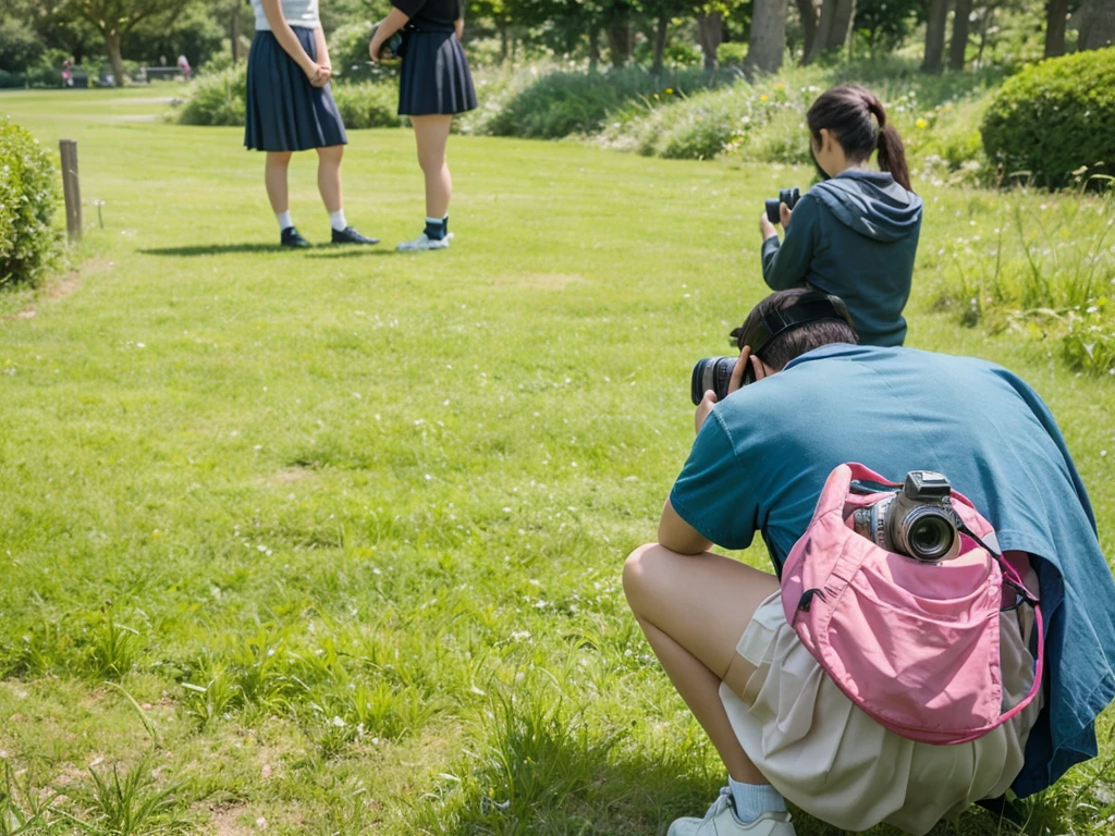 crouching and taking a photograph with a camera in a grassy outdoor setting. The photographer is positioned behind some bushes and tree branches. In the background, there are two people standing, dressed in dark skirts, white socks, and black shoes. The grassy area appears to be a park or a garden with trees and greenery.