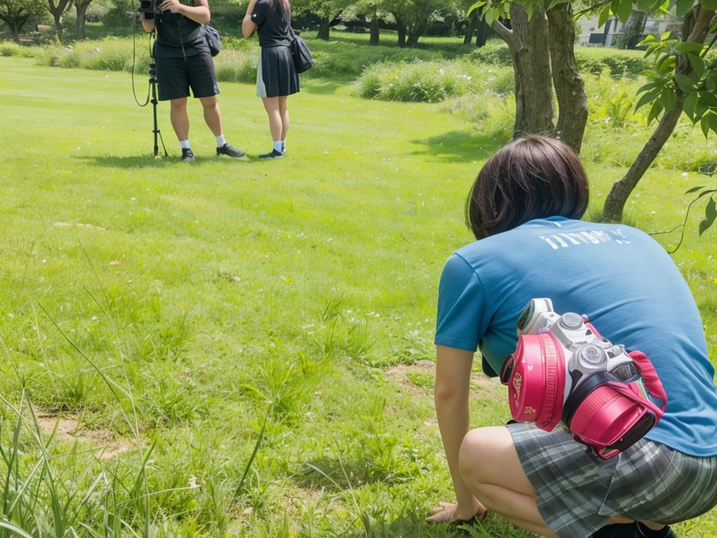 crouching and taking a photograph with a camera in a grassy outdoor setting. The photographer is positioned behind some bushes and tree branches. In the background, there are two people standing, dressed in dark skirts, white socks, and black shoes. The grassy area appears to be a park or a garden with trees and greenery.