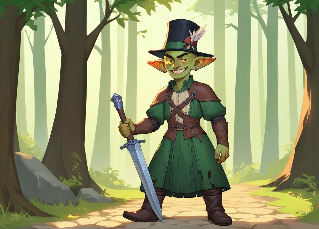 score_9, score_8_up, score_7_up, score_6_up, rating_safe, medieval fantasy, (solo:1.25), BREAK,
A green skined small goblin man with a devious grin on his face and deep set downturned eyes wearing a torn and stained green kilt and a collapsed and ragged (green top-hat), he is standing on a forest path, full body shot, dark lighting