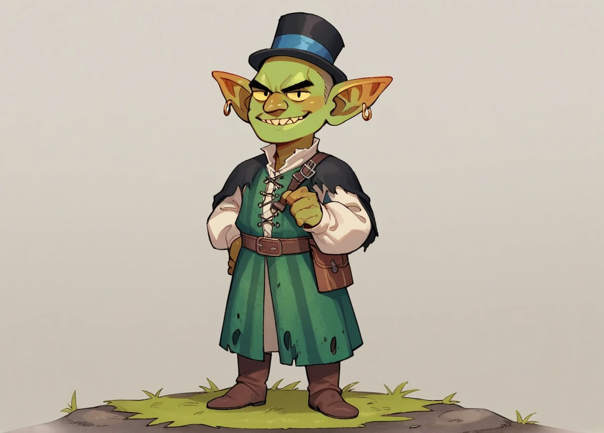 score_9, score_8_up, score_7_up, score_6_up, rating_safe, medieval fantasy, (solo:1.25), BREAK,
A green skined small goblin man with a devious grin on his face and deep set downturned eyes wearing a torn and stained green kilt and a collapsed and ragged (green top-hat), he is standing on a forest path, full body shot, dark lighting