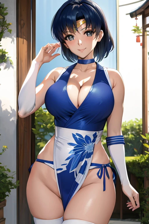 masterpiece, best quality, beautiful art, high resolution, well formed hands, body and fingers, 1 woman, solo, Sailor Mercury, sailor collar, blue makeup, elbow gloves, sailor senshi uniform, hair ornament,  adult, grown up, big breasted, cleavage,  full body, braided long hair, blue_japanese_clothes, wearing DOA Kasumi's blue kunoichi dress, sexy and skimpy japanese clothes, kimono peek, sleeveless, white stockings, gorgeous legs and thighs, doing exercise, warming up, working out, sexy and captivating training, smiling joyfully and happily , looking at the viewer, , sweating , bouncing breasts, bikini thong,  training montage session, beach environment      