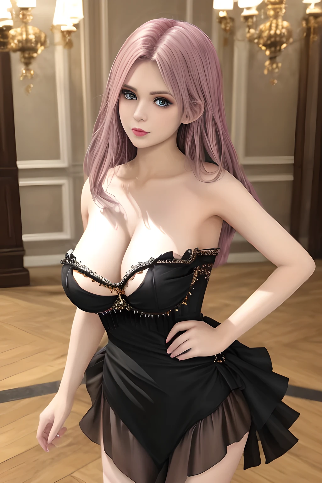 1girl is wearing an elegant black strapless dress. The dress is beautifully designed with ruching on the bodice and a cascading ruffled asymmetrical hem, adding a playful and chic touch to the outfit. The person is standing upright, with one hand gently touching their leg and the other hand relaxed by their side. The background is plain and neutral, drawing attention to the dress itself. The lighting is soft, highlighting the details of the dress and creating a fashionable and stylish atmosphere,, huge breasts, elise
