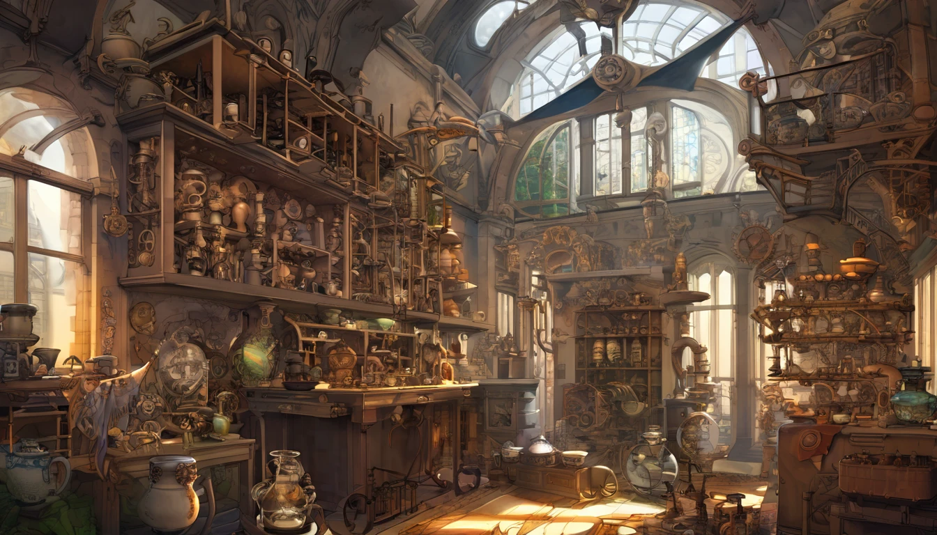 Cover page, High resolution, Highest quality, Highest quality, Paid reward available, An unparalleled masterpiece, Perfect artwork, Absurd, High quality illustrations, 超High resolution, Detailed Background, Perfect Anatomy(kemono, Furry Personification)A large number of ceramics are on display in the room with many windows.., In a cluttered laboratory, In the steampunk laboratory, Fantasy Alchemist'laboratory, Inside the weapon shop, Alchemist'Library Background, Concept Art, Steampunk Factory Background,