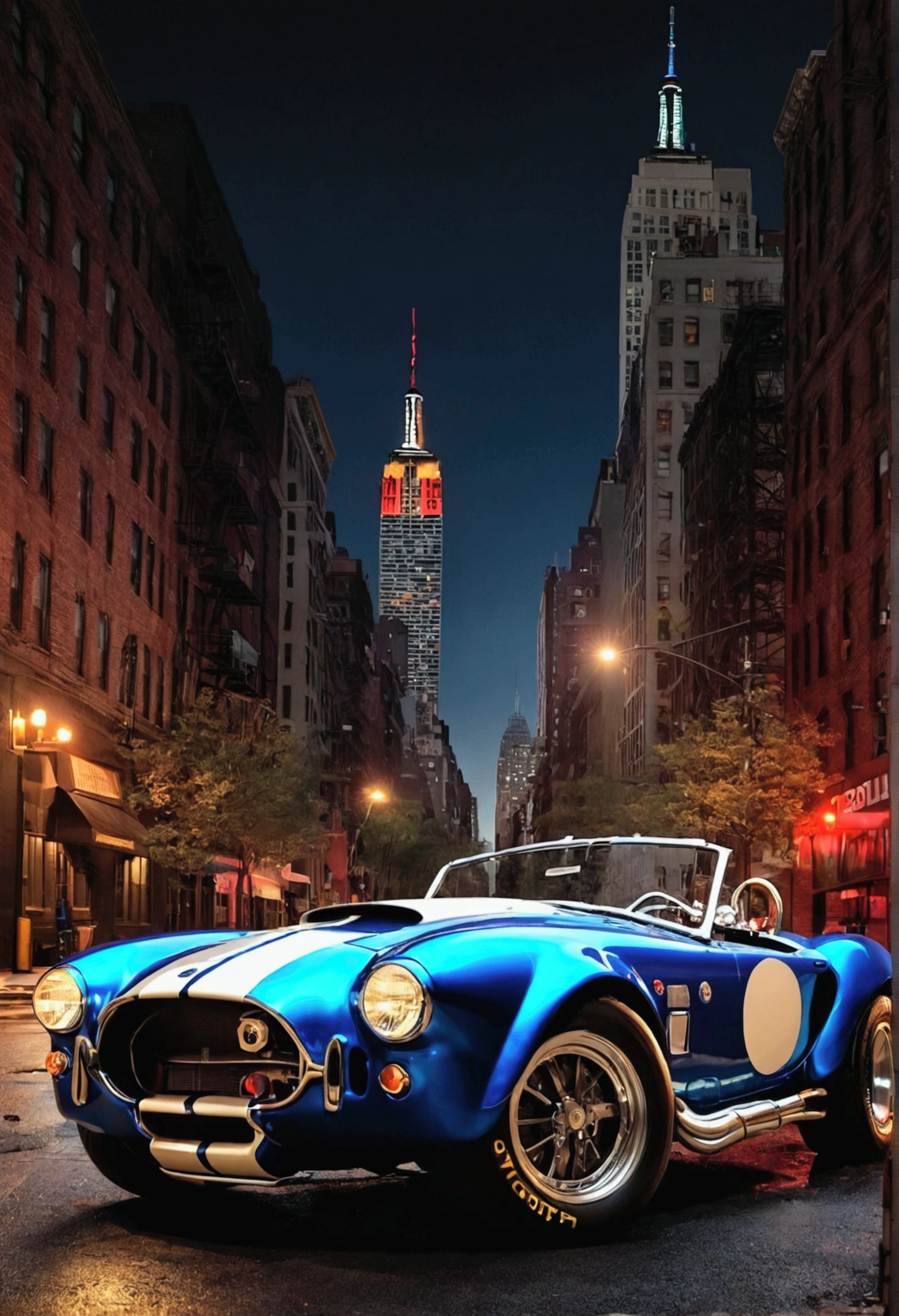 "quantities(Shelby Cobra) Wide background, New York city at night，The breath of blood and speed。"