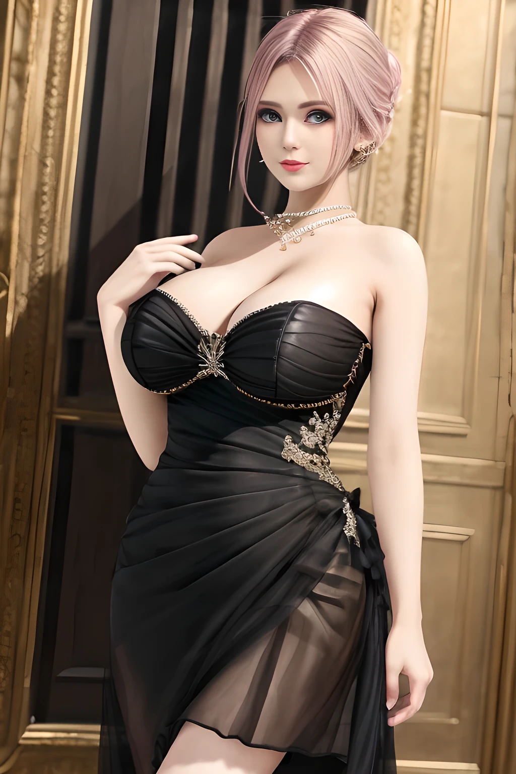 1girl is wearing an elegant black strapless dress. The dress is beautifully designed with ruching on the bodice and a cascading ruffled asymmetrical hem, adding a playful and chic touch to the outfit. The person is standing upright, with one hand gently touching their leg and the other hand relaxed by their side. The background is plain and neutral, drawing attention to the dress itself. The lighting is soft, highlighting the details of the dress and creating a fashionable and stylish atmosphere,, huge breasts, elise