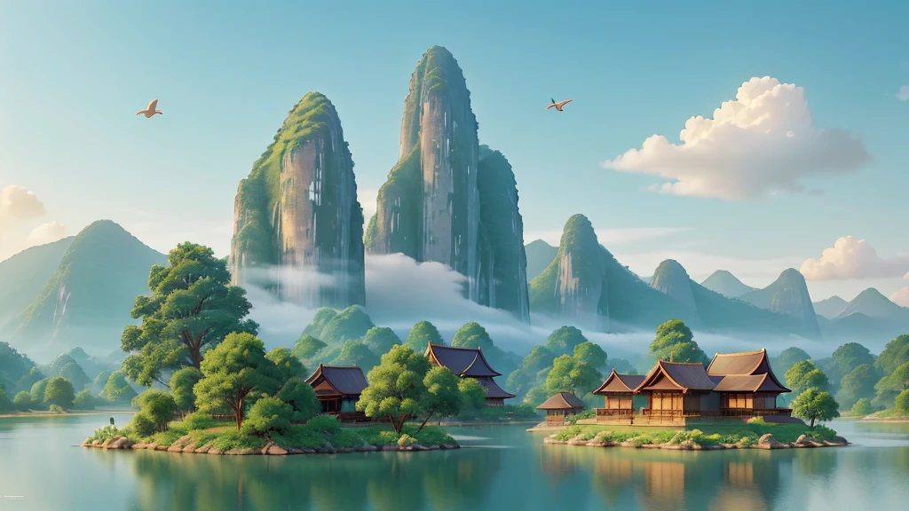 This photo depicts a peaceful landscape painting in the East Asian style. Trong tranh, There is a high mountain with sharp peaks covered with mist. In the foreground, There is a still lake reflecting the image of the mountain, and on the lakeshore are traditional East Asian buildings with multi-storey curved roofs, nằm giữa những cây thông. Besides, There are also two birds flying in the sky. The painting uses soft colors and delicate details to depict natural and architectural elements, creating an interesting and culturally rich landscape.