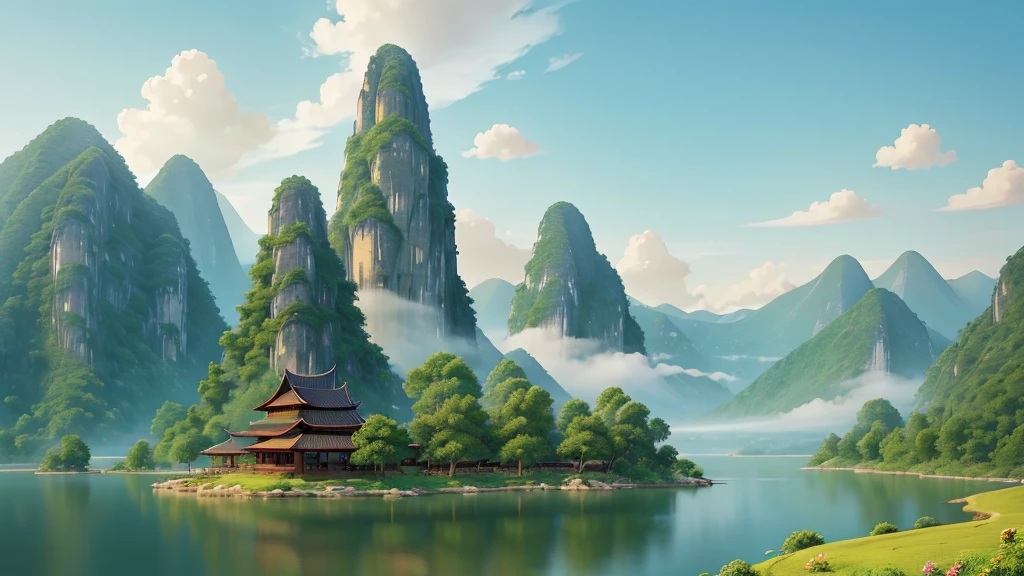 This photo depicts a peaceful landscape painting in the East Asian style. Trong tranh, There is a high mountain with sharp peaks covered with mist. In the foreground, There is a still lake reflecting the image of the mountain, and on the lakeshore are traditional East Asian buildings with multi-storey curved roofs, nằm giữa những cây thông. Besides, There are also two birds flying in the sky. The painting uses soft colors and delicate details to depict natural and architectural elements, creating an interesting and culturally rich landscape.