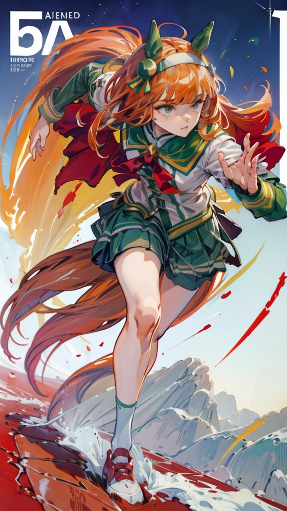 Horse-themed characters, Run, Wearing big sneakers, サイバーパンク, Scarlet image color, Keep the background simple, Magazine cover design, Horse tail, Like a horse girl, horse ears, projected inset, UHD, highres, best quality, 8k