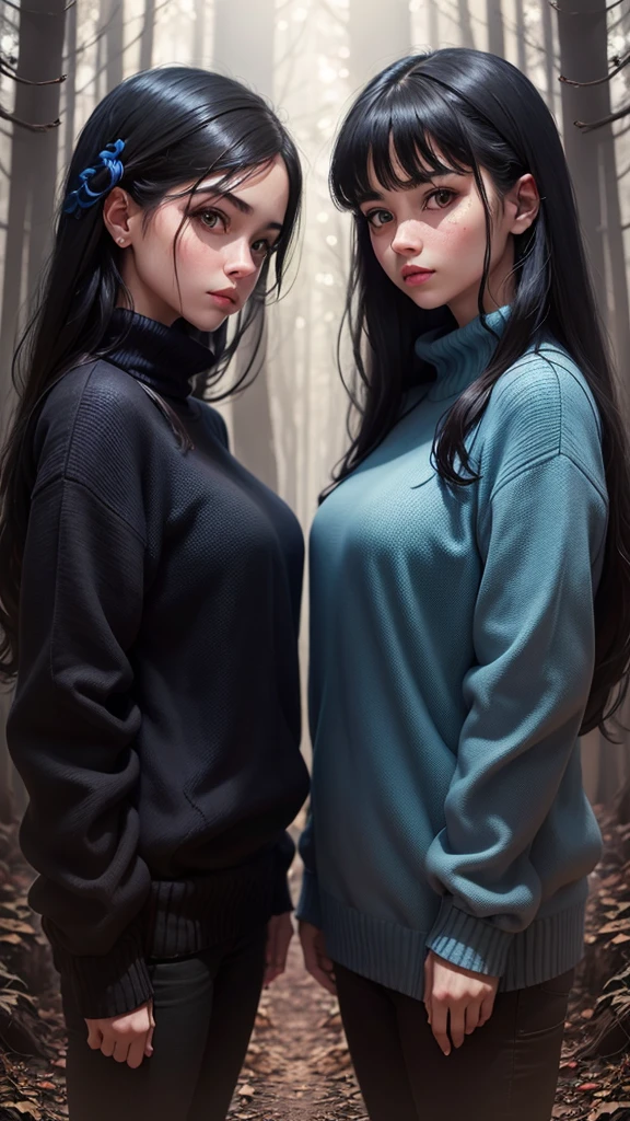 Twins ,black eyes black hair ,with blue sweater , in a dark forest ,woman killing 