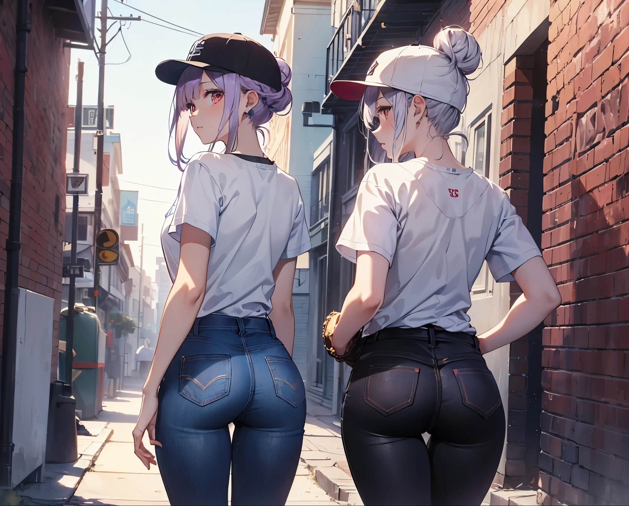 (Close-up:1.3),Realistic,Highest quality, Super detailed, High-quality CG rendering, The most delicate and beautiful, Floating softly, High resolution, (1 girl), (Highest quality,4K,8k,masterpiece:1.2), Light purple hair,(Hair in a bun:1.5),Red eyes,(Pure white oversized short sleeve T-shirt:1.3),(Black skinny jeans:1.3),(Pure white baseball cap:1.3),In the city,old buildings,Narrow back alley,(Turn your back to your audience:1.3),Butt