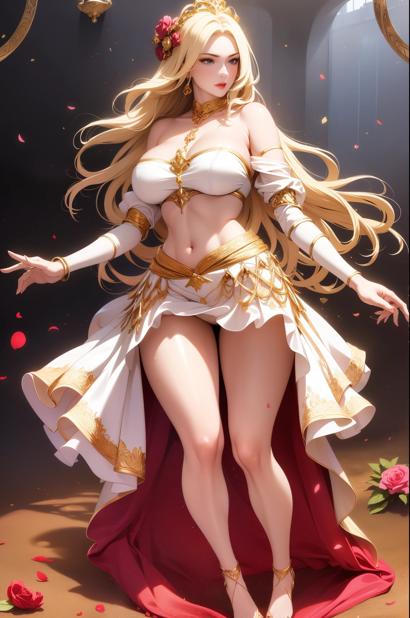 An extremely beautiful stunning woman with a perfect busty body, gold blonde long silky hair, big blue eyes, extremely super bright snow white fair stunning flawless glowing lush shiny flawless white skin, a perfect tight hourglass figure, and a skinny waist, sexy thick smooth luscious legs and thighs, extremely cute smile on the face, bright pink blushes on cheeks, wearing a short tight revealing white floral dress along, a pink sash around the waist and a brown off-shoulder sweater, yellow heels, gold necklace on the neck, gold anklets on feet, gold chain on the waist, standing straight, holding a red roses bouquet, street in the background, show full body from head to feet.