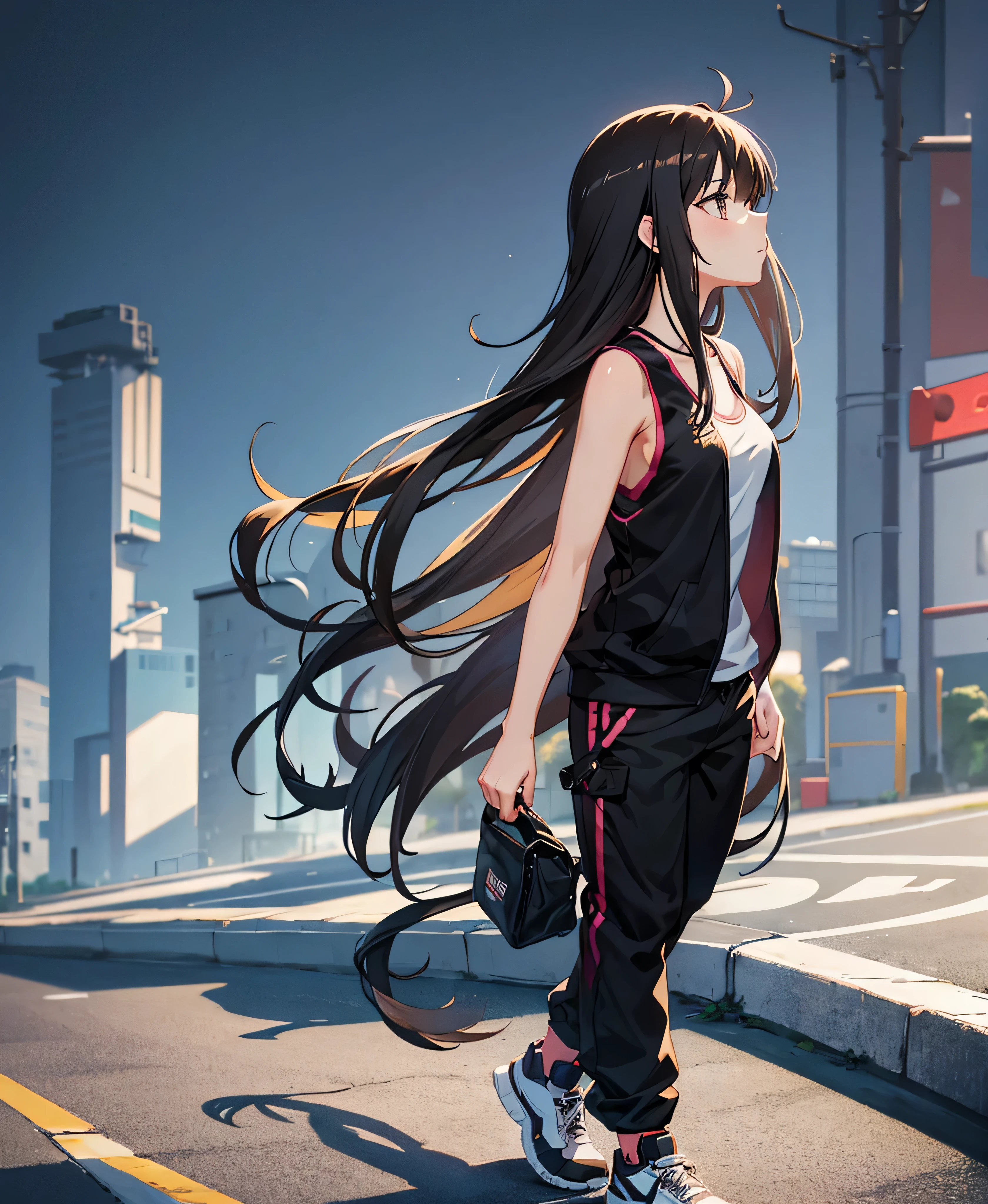 Anime Girls, profile, Tank top,Jacket,Black Track Pants,Brunette, Long hair, Are standing, whole body, Black background