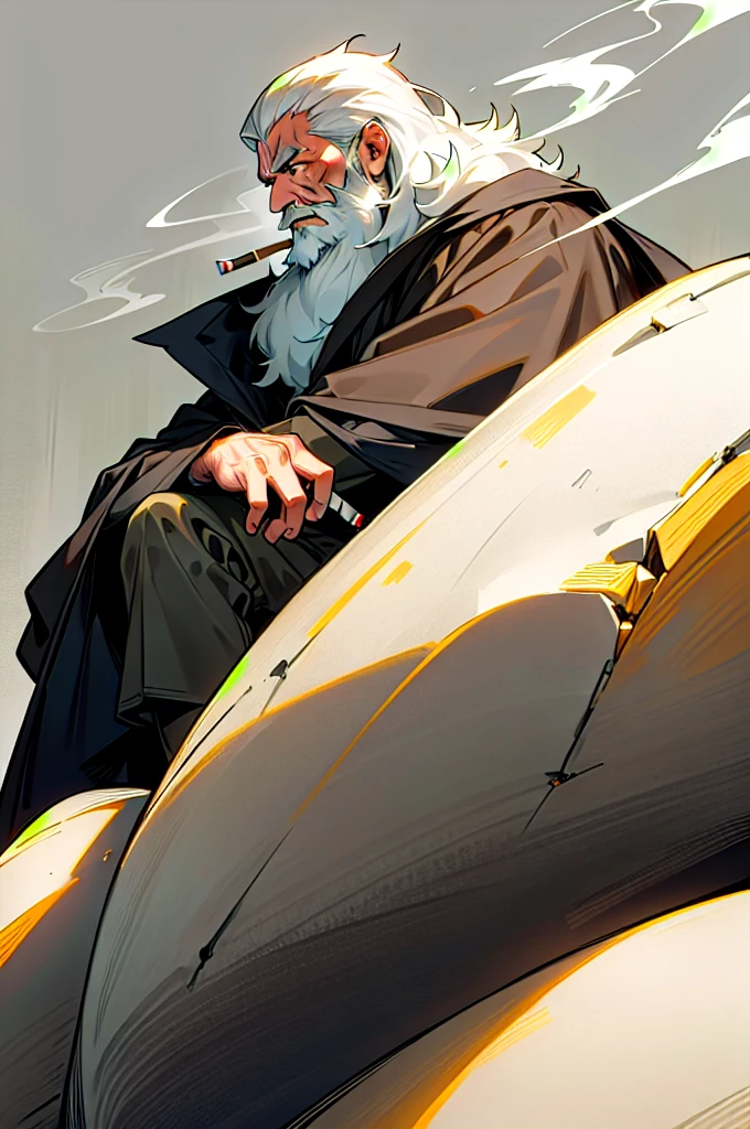 A white ex-military man in his 40s。Gray Hair。Brown cape。The background is a forest。There is a big rock。Smoking a cigarette。There is a sword nearby。solo, Overlooking, Close your mouth, beard, Frowning, 