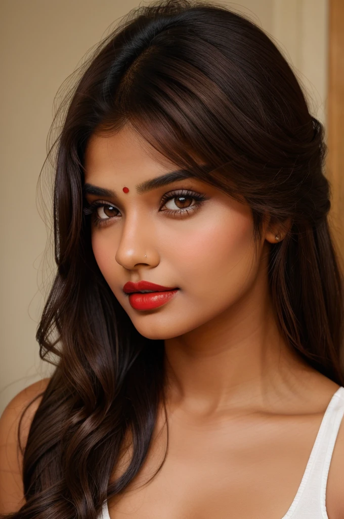 A beautiful Indian girl with red lips, brown hair, brown face, white 