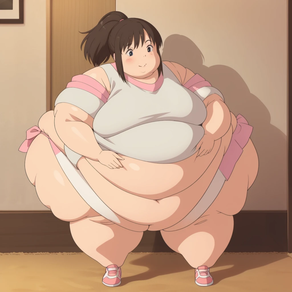 Morbidly obese, full body, arched back, highres, ashleygraves, 1girl, solo, wide open eyes, pink eyes, low ponytail, white outline, monochrome, choker, indoors, smile, looking at viewer, <3, full body, one hand, spoken heart, zoomed out, Round face, double chin, fat chin, fat cheeks, fat neck, round face, SSBBW, flabby arms, round face, double chin, fat double chin, big double chin, fat neck, chubby cheeks, fat thighs, fat calves, morbidly obese, flabby , giant , large belly, obese, fat face, belly, double chin, obesity, flabby breasts, fat arms and legs, fat everything,
