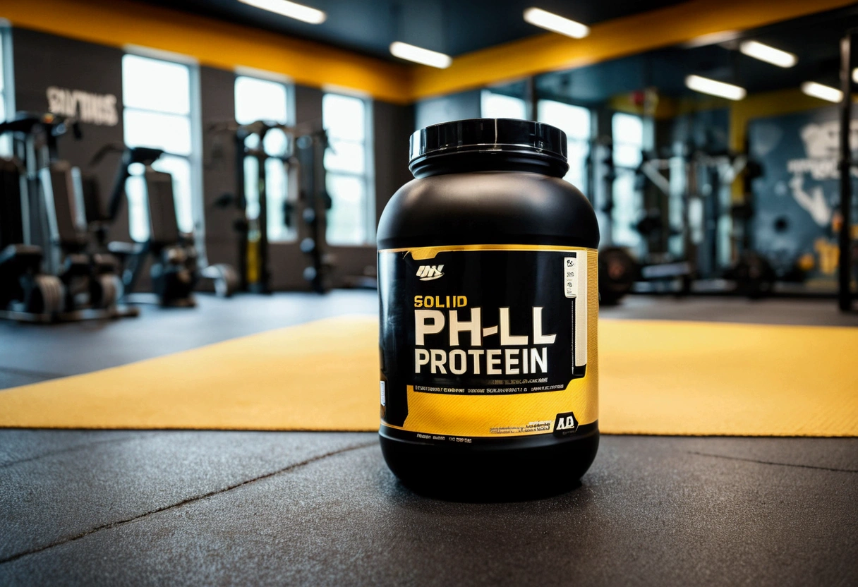 a picture of a protein jar (solid color jar) on the floor, gym in the background like in a commercial, gym out of focus