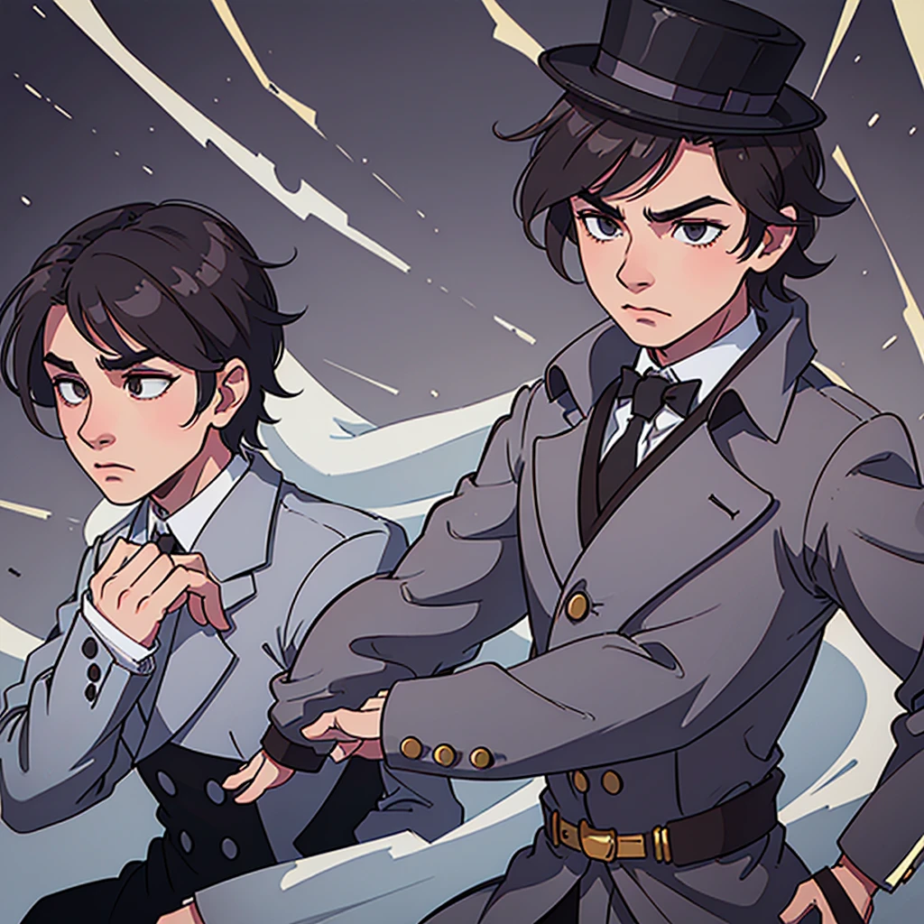 masterpiece, Highest quality, Realistic, 1 person, Mature Men, A quiet and attractive young man, Age 25, Close ~ eyes, Serious expression, Highly detailed face, ((Dark grey eyes)), ((Short dark brown hair swept to the right)), [Thick eyebrows], Thief, city, ((Wearing a classic overcoat and top hat)), Cinema Lighting, Looking at the audience, Postural dynamics,Side angle、((Full body view))