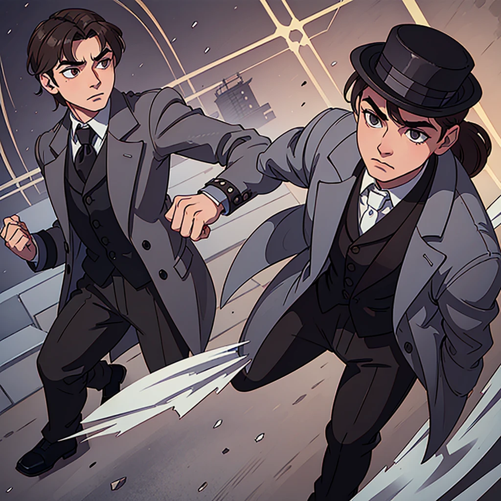 masterpiece, Highest quality, Realistic, 1 person, Mature Men, A quiet and attractive young man, Age 25, Close ~ eyes, Serious expression, Highly detailed face, ((Dark grey eyes)), ((Short dark brown hair swept to the right)), [Thick eyebrows], Thief, city, ((Wearing a classic overcoat and top hat)), Cinema Lighting, Looking at the audience, Postural dynamics,Side angle、((Full body view))