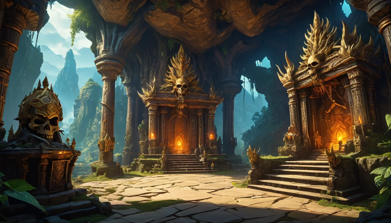(anime, dark fantasy, throne), (extremely detailed CG unity 8k wallpaper, masterpiece, best quality, ultra-detailed, depth of filed, HDR:1.2, high FXAA), beautiful, golden ratio, vibrant colors, mysterious atmosphere, goblin king throne, goblin cave, totem, tribal, skull everywhere, general shot, dungeon and dragons