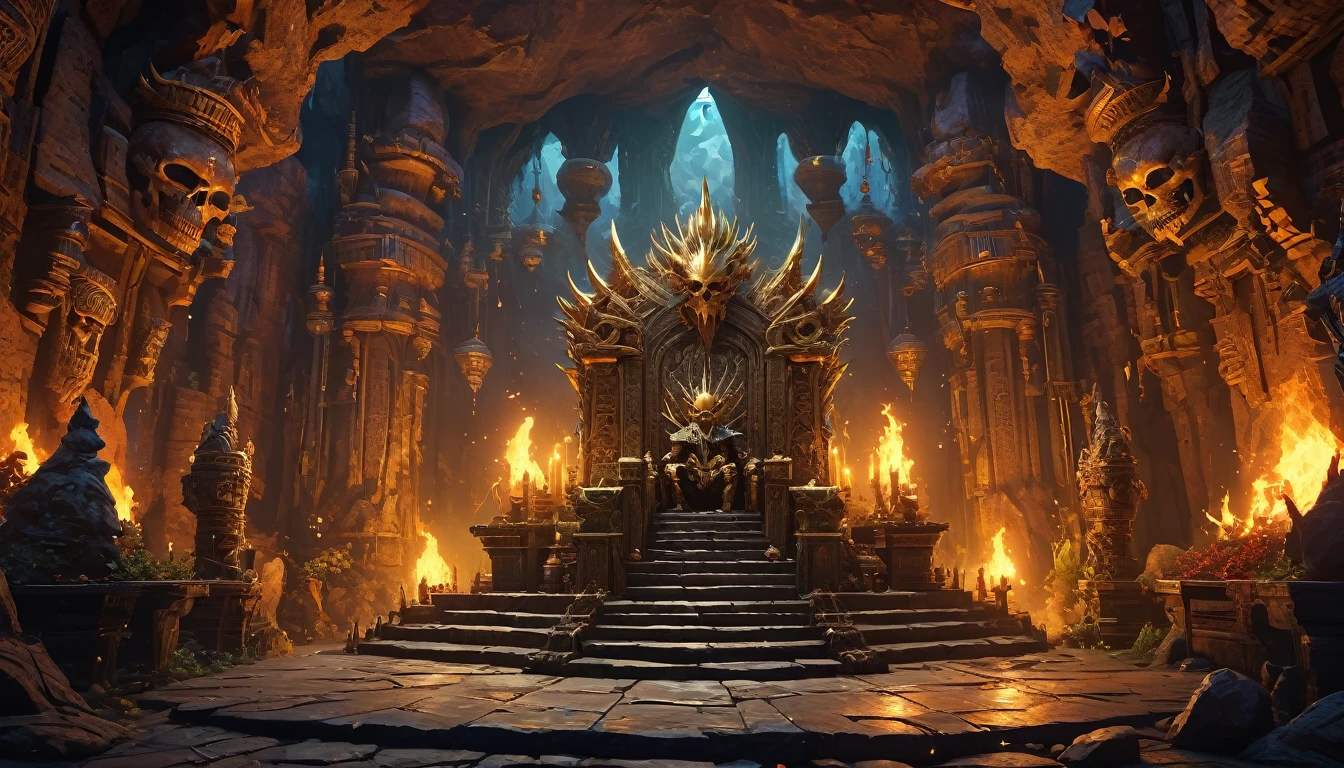 (anime, dark fantasy, throne), (extremely detailed CG unity 8k wallpaper, masterpiece, best quality, ultra-detailed, depth of filed, HDR:1.2, high FXAA), beautiful, golden ratio, vibrant colors, mysterious atmosphere, goblin king throne, goblin cave, totem, tribal, skull everywhere, general shot, dungeon and dragons