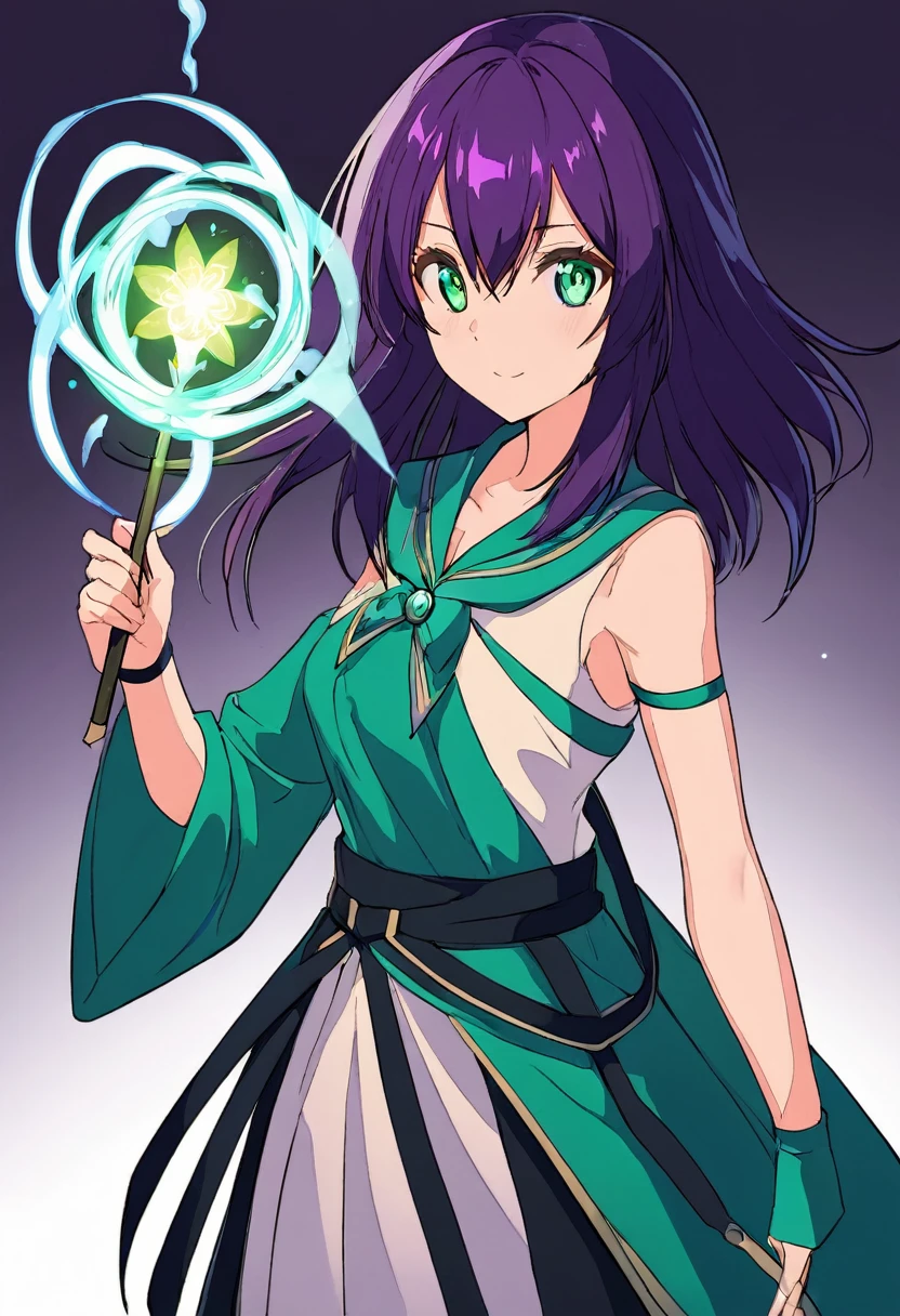 Face: Rena has a heart-shaped face that is gentle and cute. Her eyes were emerald green.
Rena's hair is dark black and extends down to the middle of her back. She often lets her long hair down freely.
Physique: Rena has a slender and elegant figure. She is approximately 165 centimeters tall and has a calm and steady demeanor. She gained strength from practicing magic and fighting.
Dress: Rena often wears outfits that reflect her mage-like nature. Her outfits are usually made from light, easy-to-move fabrics, in dark colors such as purple, black, or dark blue. Her outfits are designed to be simple yet elegant and movement-friendly.
Equipment: Rena often carries a wooden magic wand that bears the symbol of the magical power she wields. This symbol looks like a flower that lights up at night.