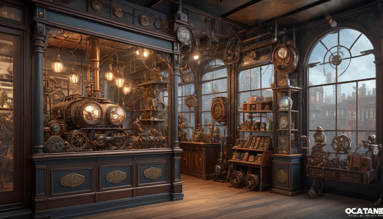 Steampunk Art, Toy store, Window Display, Octane Rendering, Strengthen, Complex, (Highest quality, masterpiece, Representative works, Official Art, Professional, 8k wallpaper:1.3)