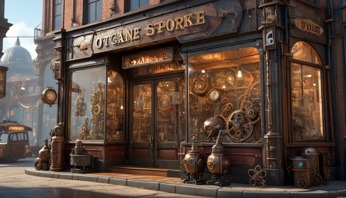 Steampunk Art, Toy store, Window Display, Octane Rendering, Strengthen, Complex, (Highest quality, masterpiece, Representative works, Official Art, Professional, 8k wallpaper:1.3)