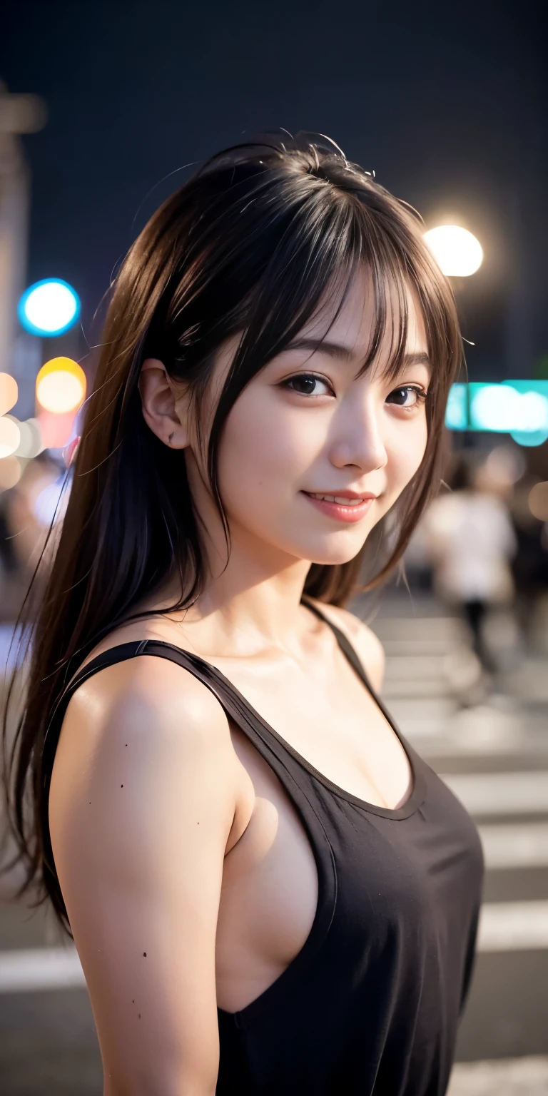 1 girl, Tokyo Street,night, Streetscape,City lights,Upper Body,close,smile,, (8k, RAW Photos, Highest quality, masterpiece:1.2),(Realistic, photo-Realistic:1.37),