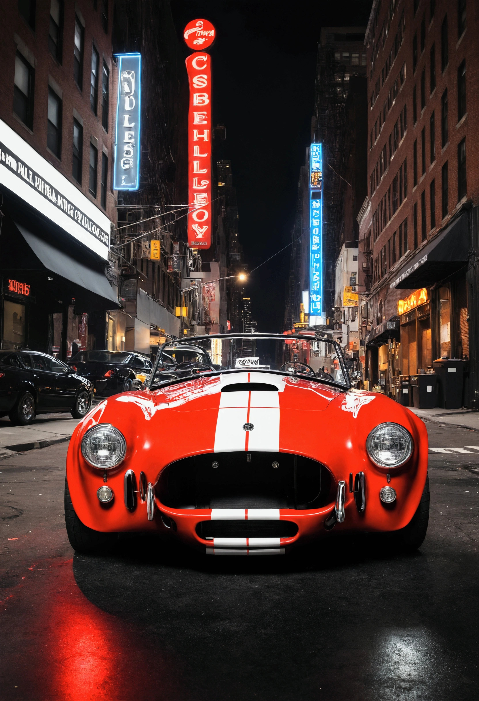 "quantities(Shelby Cobra) Wide background, New York city at night，The breath of blood and speed。"