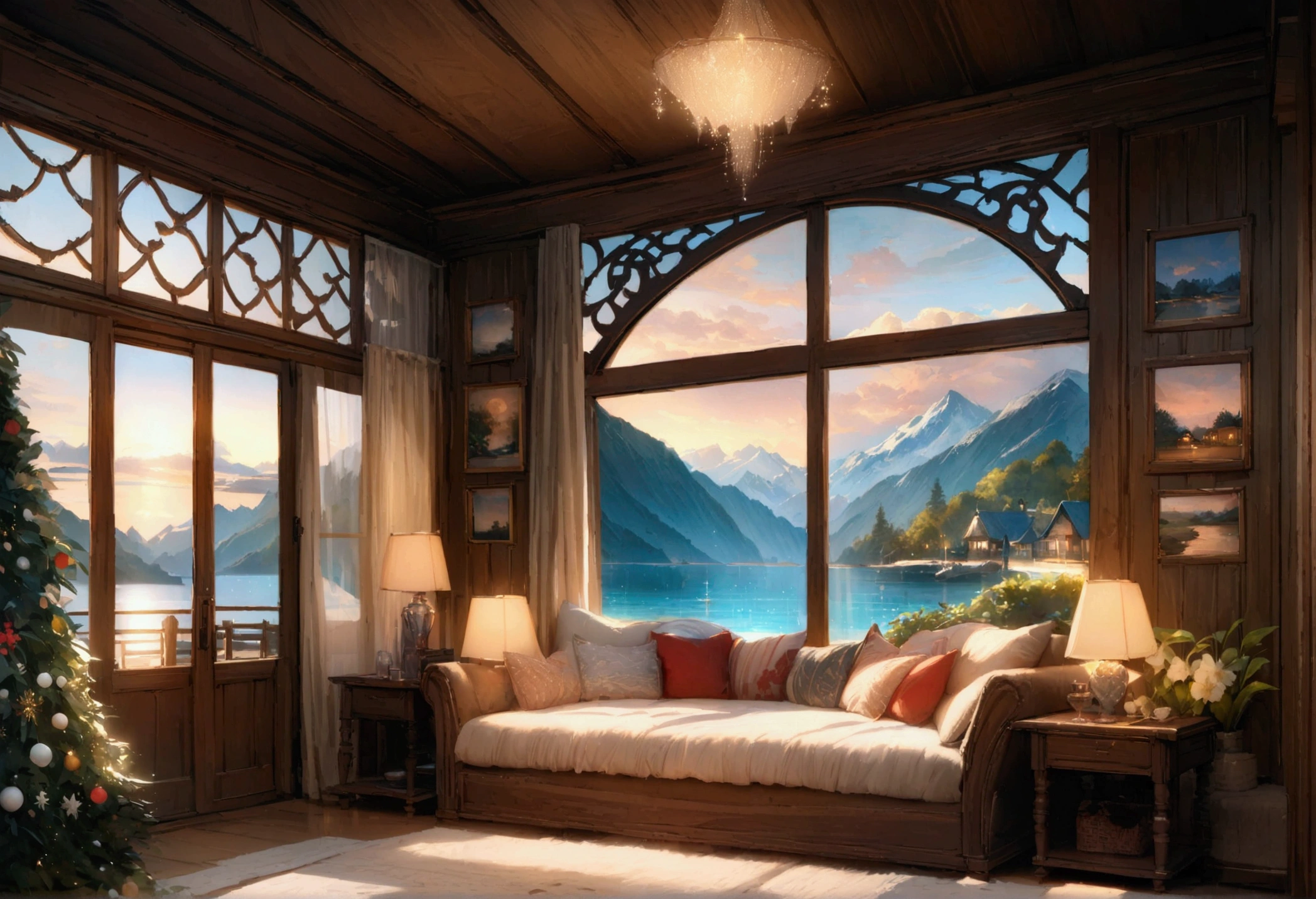 Holiday Homes, Large windows and beautiful views,lodge,Inside the room,Blur the background,Pleasant sea breeze,Glitter effect,Highest quality, 8k, High resolution, masterpiece:1.2, Very detailed, Realistic:1.37, High resolution, 超High resolution, Ultra-fine painting, Very detailed, Professional, Vibrant colors