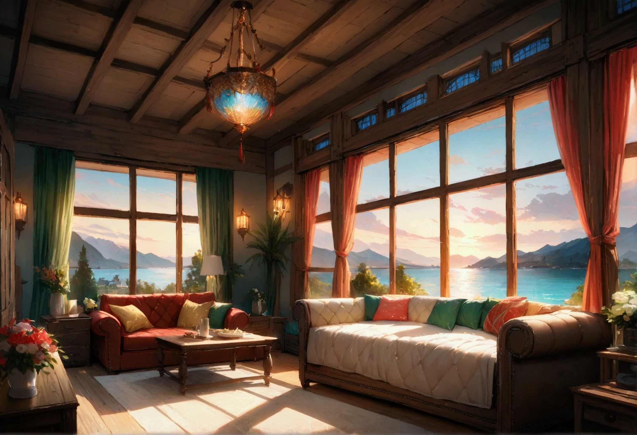 Holiday Homes, Large windows and beautiful views,lodge,Inside the room,Blur the background,Pleasant sea breeze,Glitter effect,Highest quality, 8k, High resolution, masterpiece:1.2, Very detailed, Realistic:1.37, High resolution, 超High resolution, Ultra-fine painting, Very detailed, Professional, Vibrant colors