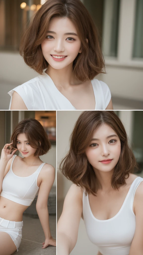 ((Highest quality、8k、masterpiece:1.3))、Beautiful 20 year old girl with a perfect figure、K-POPアイドルの顔、The beauty of slim abs:1.3、(Hairstyle Brown Hair Short Cut)、White underwear、Very beautiful face、Delicate eyes、double eyelid、A smile of embarrassment、They want、RAW Photos,Shooting in the city,From the thigh up,