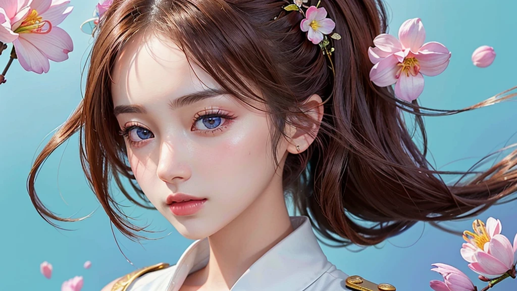 One girl, alone, flower畑, flower, (Official Art, unity 8k wallpaper, Super detailed, beautifully、aesthetic, masterpiece ,Highest quality:1.3), (Dynamic Angle:1.2), (Floating colorful sparkles:1) , elegant, Vibrant colors, Highly detailed face, Detailed eyes, Glowing Skin, Glossy Lips , Pale red and pale blue background, Brown Hair,