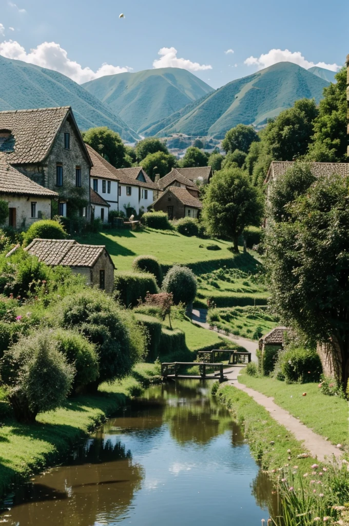 A beautiful village, with green hills and canals. Mia threw stones at the edge of the pond.