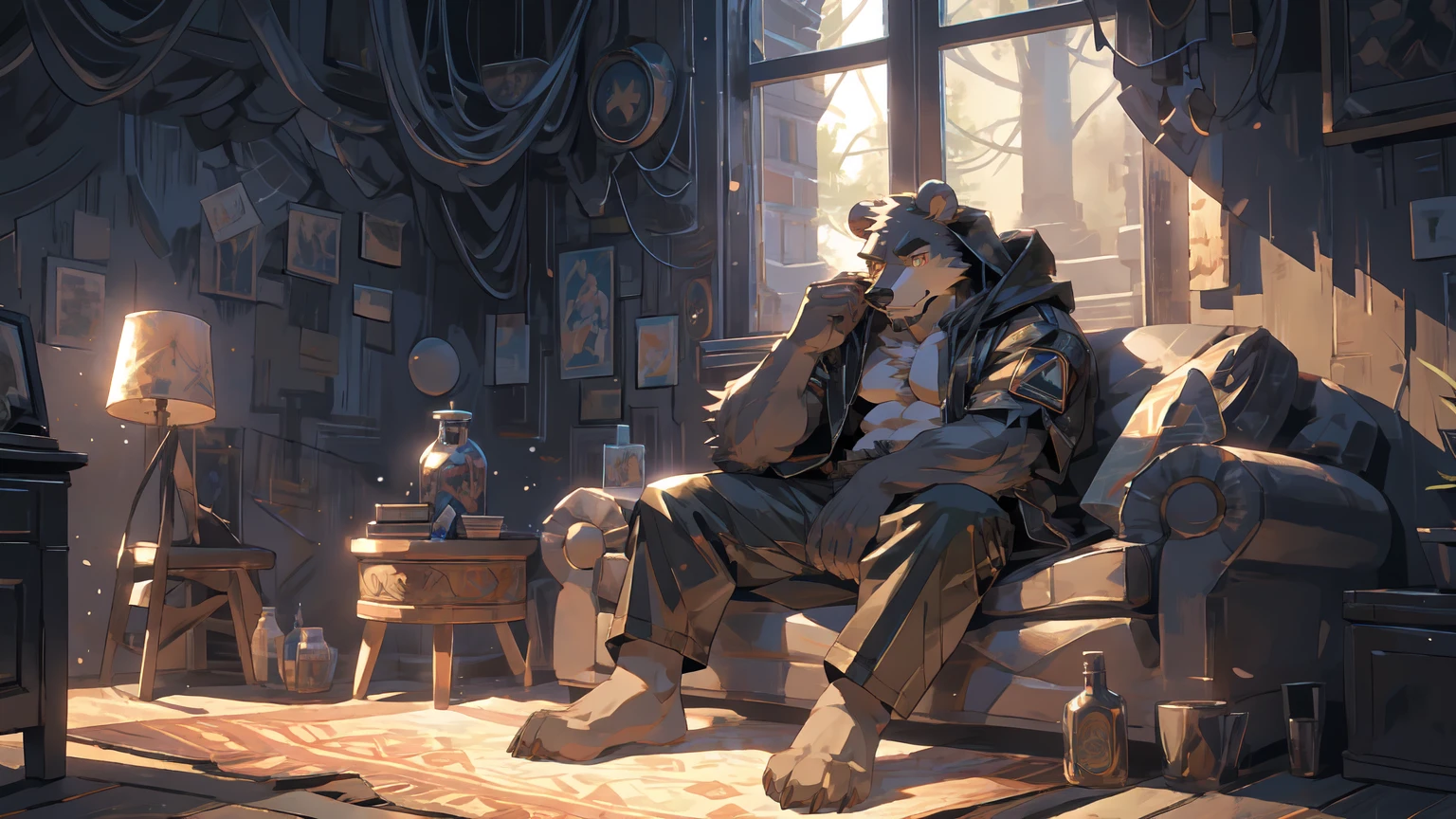 (masterpiece:1.2), best quality,pixiv,official art,perfect anatomy, (Ray tracing, light),solo, (1_male:1.3) , (muscle), (grey fur:1.4), (muscle bear), (beard:1.2), (gleaming golden eyes), bear tail, Thick black eyebrows, (open hooded parka) , (naked inside:1.2), cargo shorts, barefoot , french window, indoor , fur carpet , cushion , rest on sofa