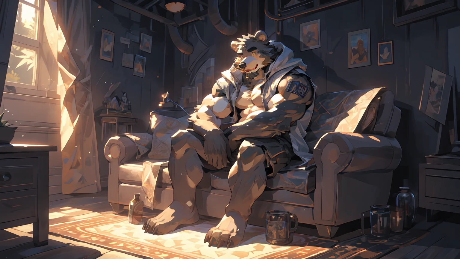 (masterpiece:1.2), best quality,pixiv,official art,perfect anatomy, (Ray tracing, light),solo, (1_male:1.3) , (muscle), (grey fur:1.4), (muscle bear), (beard:1.2), (gleaming golden eyes), bear tail, Thick black eyebrows, (open hooded parka) , (naked inside:1.2), cargo shorts, barefoot , french window, indoor , fur carpet , cushion , rest on sofa