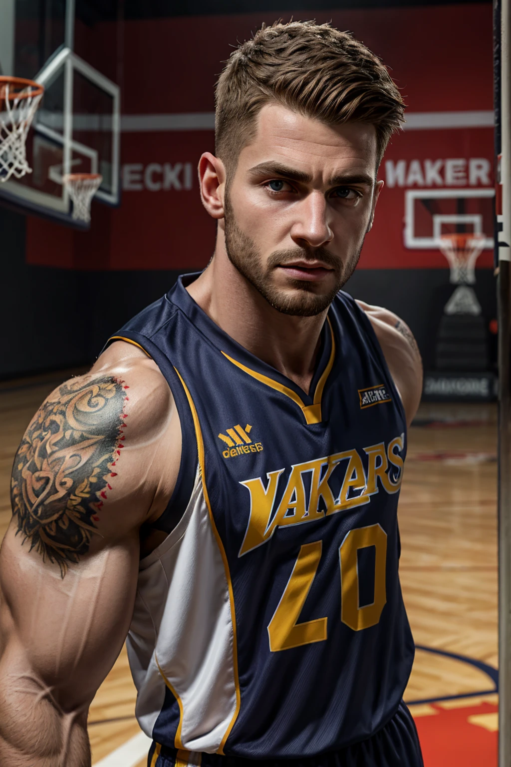 Portrait, photorealistic, best quality, masterpiece, perfect face, perfect eyes, mature muscular hunk, brown undercut hair, tattoos, basketball jersey, upper body