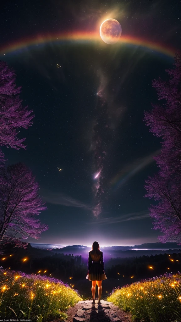 Vast landscape photo, (viewed from below, the sky is above and the open field is below), a girl standing on a flower field looking up, (full moon: 1.2), (meteor: 0.9), (nebula: 1.3), distant mountains , Trees BREAK Crafting Art, (Warm Light: 1.2), (Fireflies: 1.2), Lights, Lots of Purple and Orange, Intricate Details, Volumetric Lighting, Realism BREAK (Masterpiece: 1.2), (Best Quality), 4k, Ultra-Detailed, (Dynamic Composition: 1.4), Very Detailed, Colorful Details, (Rainbow Colors: 1.2), (Glow Lighting, Atmospheric Lighting), Dreamy, Magical, (Solo: 1.2)