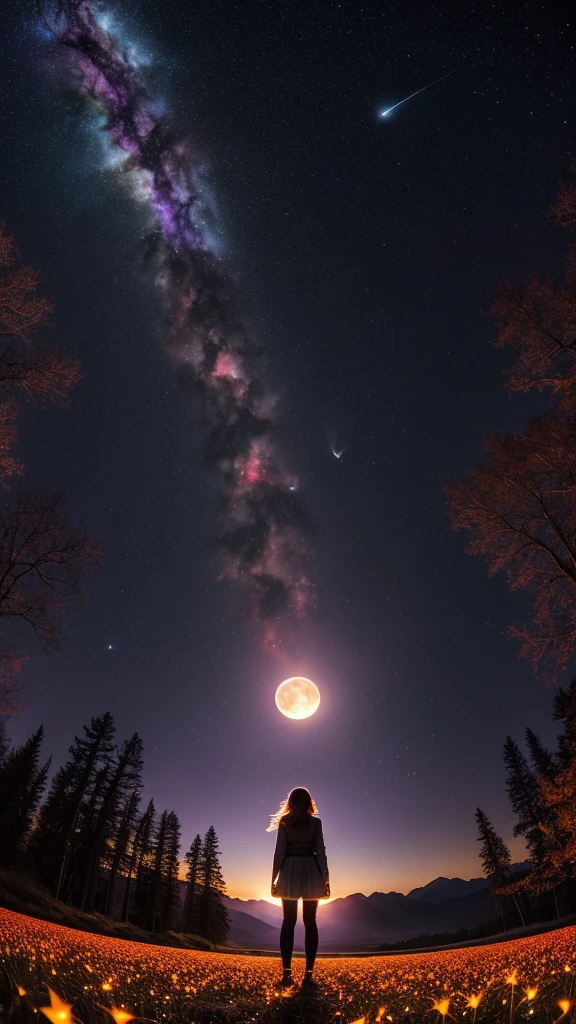 Vast landscape photo, (viewed from below, the sky is above and the open field is below), a girl standing on a flower field looking up, (full moon: 1.2), (meteor: 0.9), (nebula: 1.3), distant mountains , Trees BREAK Crafting Art, (Warm Light: 1.2), (Fireflies: 1.2), Lights, Lots of Purple and Orange, Intricate Details, Volumetric Lighting, Realism BREAK (Masterpiece: 1.2), (Best Quality), 4k, Ultra-Detailed, (Dynamic Composition: 1.4), Very Detailed, Colorful Details, (Rainbow Colors: 1.2), (Glow Lighting, Atmospheric Lighting), Dreamy, Magical, (Solo: 1.2)