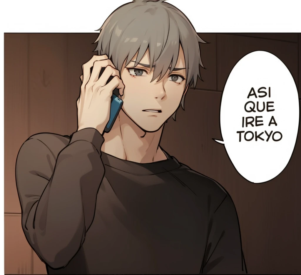 cute 16 year old gray hair man talks worried on cell phone