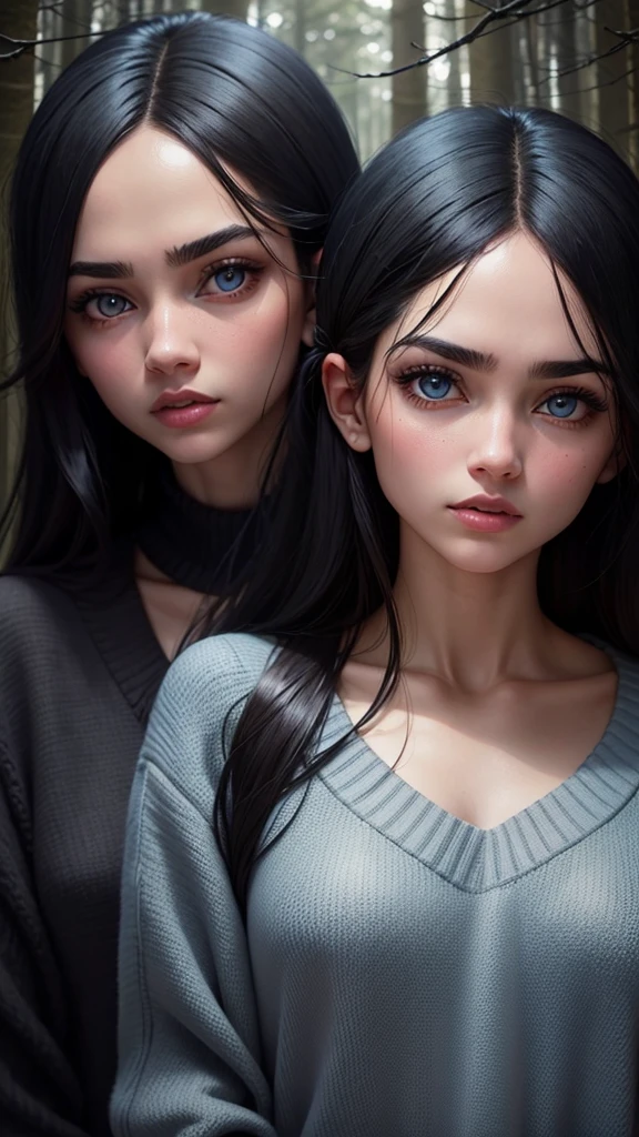 Twins ,black eyes black hair ,with blue sweater , in a dark forest ,woman killing, golden eyes title 
 
