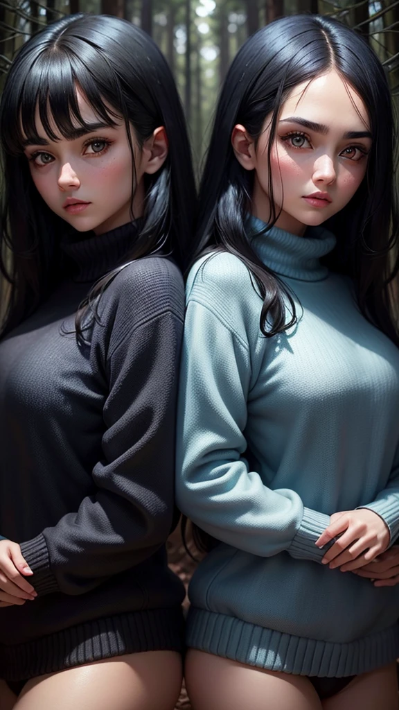 Twins ,black eyes black hair ,with blue sweater , in a dark forest ,woman killing, golden eyes title