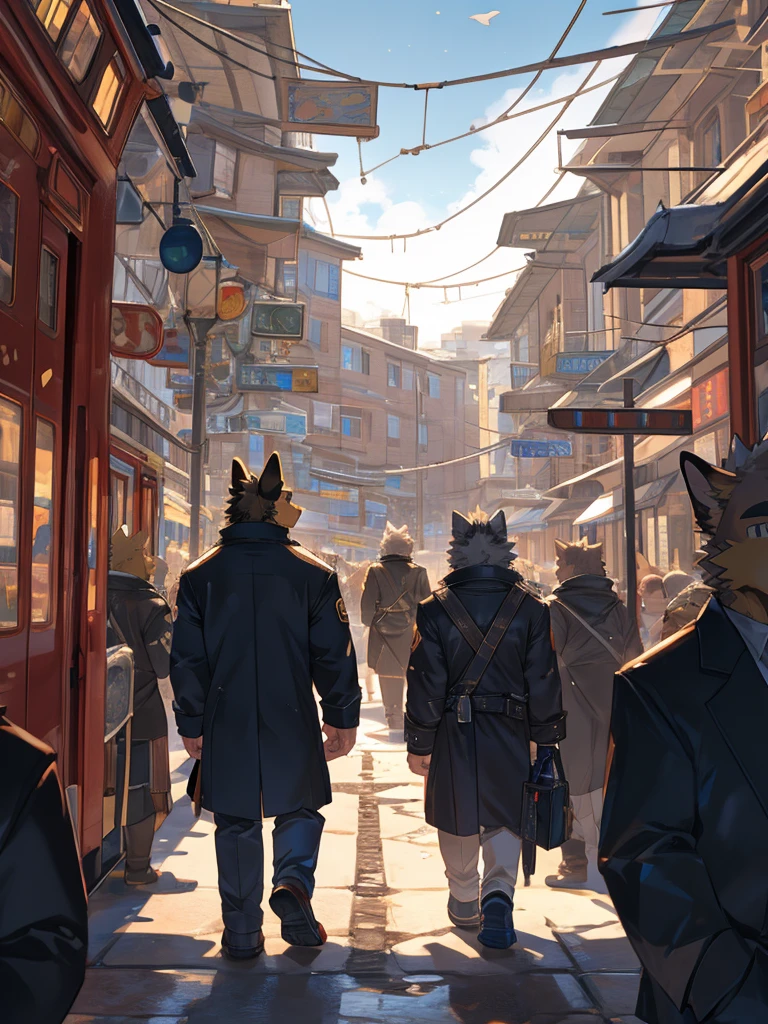 embedding:German Shepherd Dog, male,red eyes,Single person,The side,In the carriage,Look outside,Outside the train is the city.Headset,,Black jacket,The game CG,Illustration,On the tram,A melancholy atmosphere,Artistic tones,Stand by the window.The highest quality of scene detail,adult,Tall and powerful,muscle，Best quality hands, best quality eye，detailed fur，Delicate eyes.Extreme picture quality，by sollyz,by zixiong,by milkytiger1145