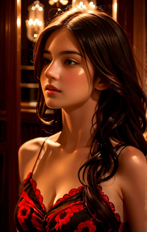 （elegant young female writer, detailed beautiful face with expressive eyes, long flowing dark hair, slender graceful figure, wearing romantic lace or floral dress, serene soft lighting, intricate detail, ornate background, warm tones, dramatic lighting, highly detailed, photorealistic, 8K, studio quality, masterpiece）