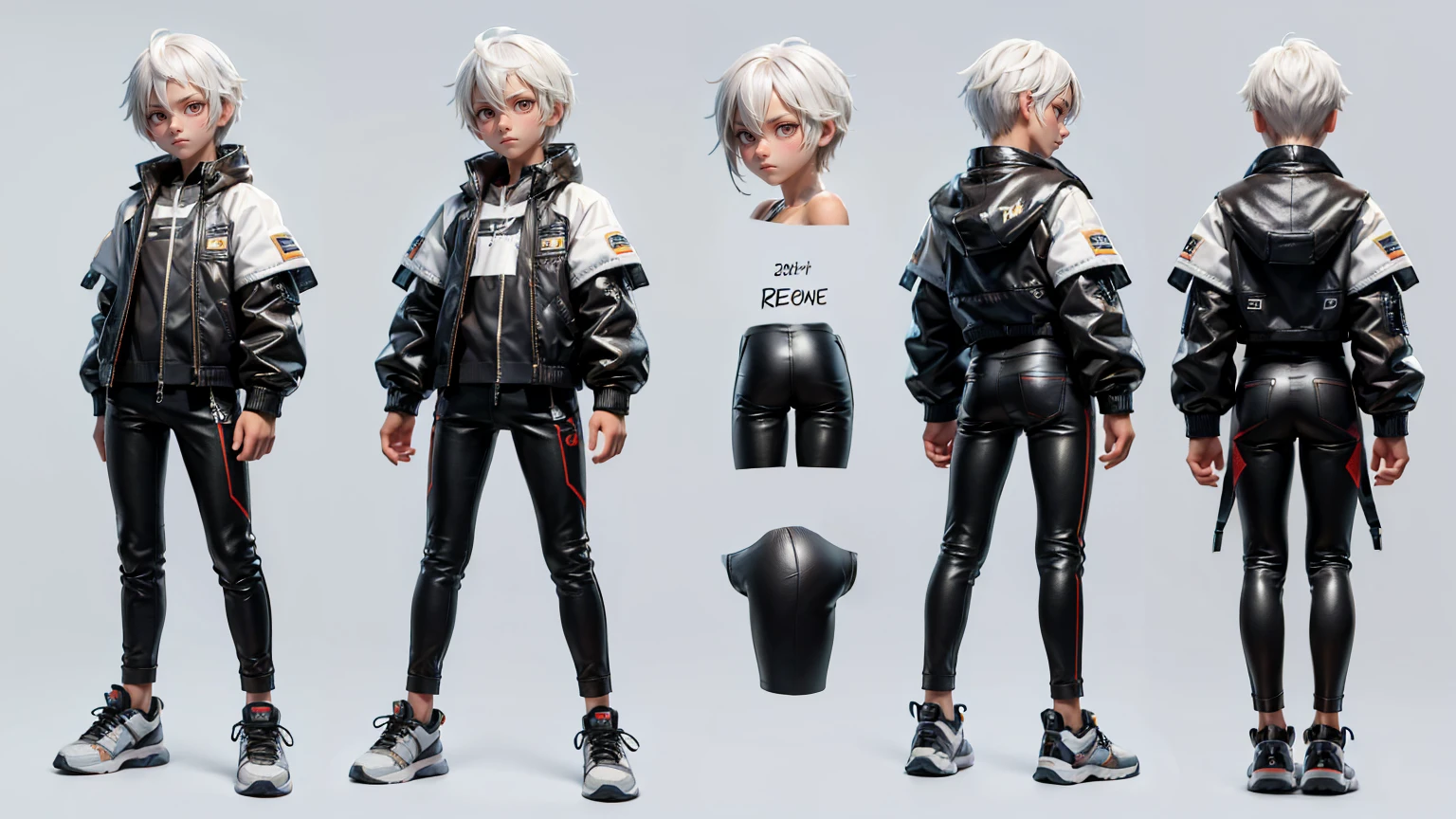 cute face boy, cute face, short height boy, wearing casual futuristic brown pent, full standing pose, white bomb style hairs, white hair, sports shoes, Character Sheet, 12 yo student, Full body, Simple white background, front pose character reference sheet, Concept art, design sheet